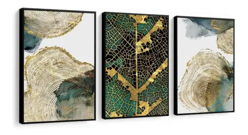 kit 3 quadro decorativo abstrato verde dourado gold sala quarto decor pousada casa com molduras