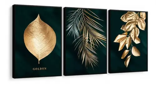 kit 3 quadro decorativo  folhas douradas folhagem dourada galhos luxo decor sala escritório com molduras