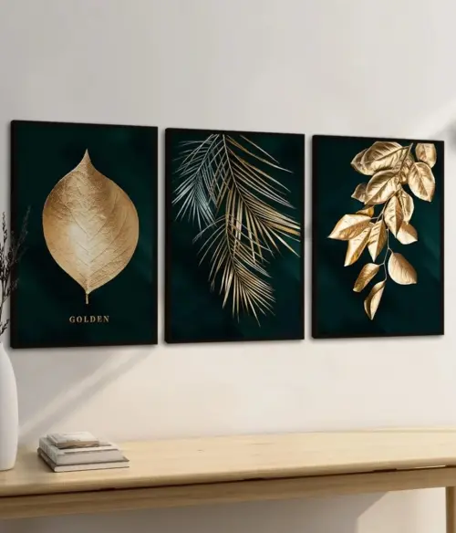 kit 3 quadro decorativo  folhas douradas folhagem dourada galhos 