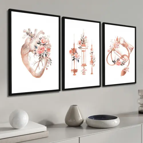 kit 3 quadro decorativo anatomia humana flores medicina médicos 