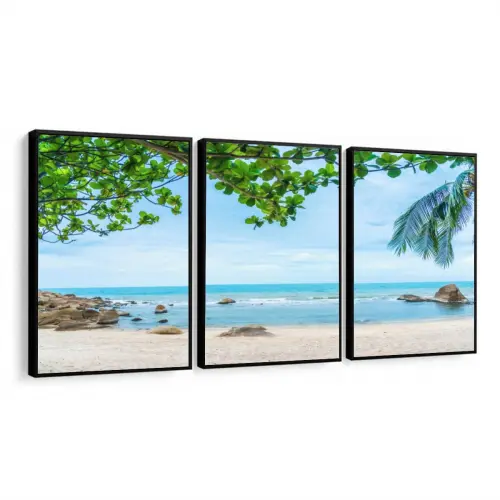 kit 3 quadro decorativo praia azul árvore quarto sala hall de en