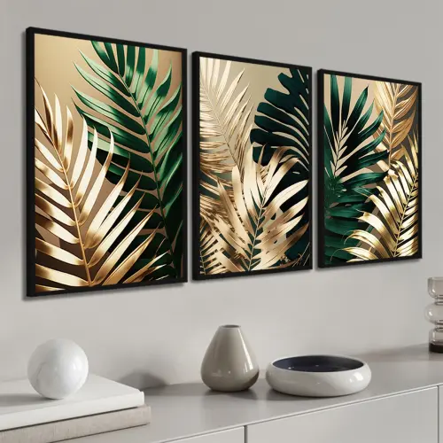 kit 3 quadro decorativo  folhas douradas folhagem dourada galhos luxo decor sala escritório com molduras