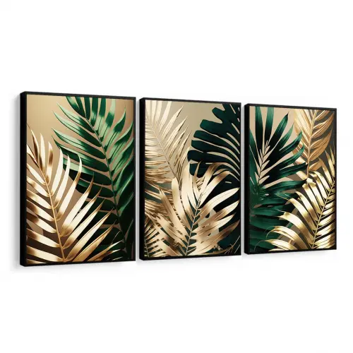 kit 3 quadro decorativo  folhas douradas folhagem dourada galhos 