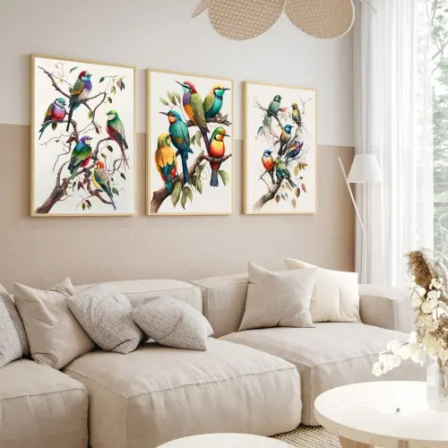 kit 3 quadro decorativo passarinhos galhos pássaros sala decor casa com molduras retro