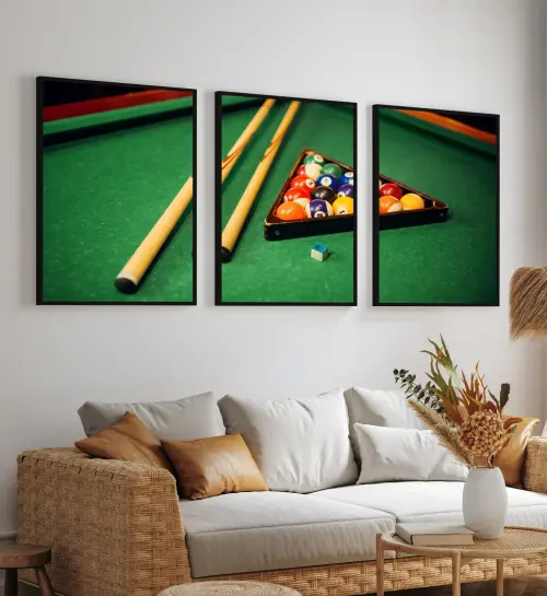 kit 3 quadro decorativo  jogo de sinuca taco decor sala escritório com molduras