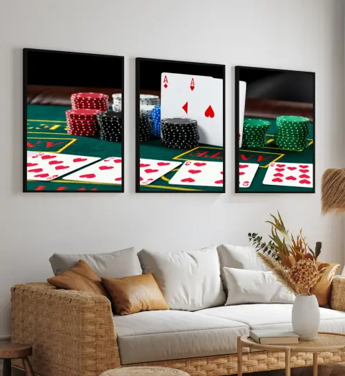 kit 3 quadro decorativo xadrez cartas baralho jogo de sinuca taco decor sala escritório com molduras