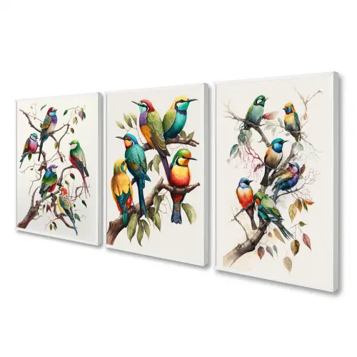 kit 3 quadros decorativos pássaros passarinhos galhos natureza animais com molduras