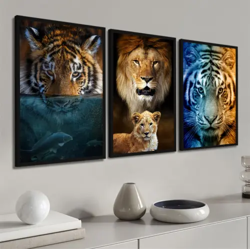 kit 3 quadro decorativo motivacional tigre leão selvagem empresa disciplina foco execução decor sala escritório com molduras