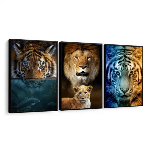 kit 3 quadro decorativo motivacional tigre leão selvagem empresa
