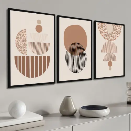 kit 3 quadro decorativo abstrato marrom bege claro gold listras claro minimalista  sala decor hall da casa com molduras