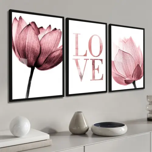 kit 3 quadro decorativo flores rosa love claro galhos decor casa quarto sala com molduras