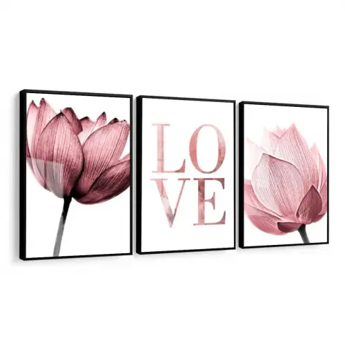 kit 3 quadro decorativo flores rosa love claro galhos decor casa 