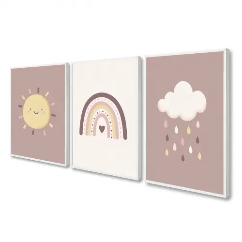 kit 3 quadro decorativo bebe infantil menina decor quarto infantil nuvem ursinhos com molduras