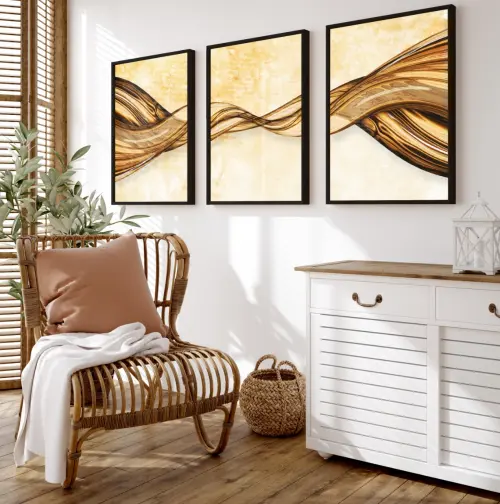 kit 3 quadro decorativo abstrato dourado listras gold ouro minimalista sala decor casa luxo com molduras