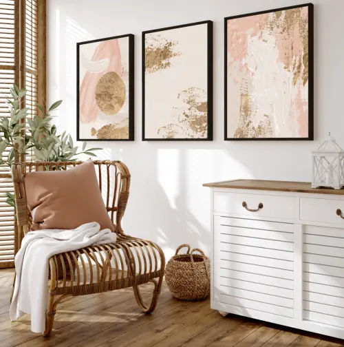 kit 3 quadro decorativo abstrato rosa minimalista gold luxo decor sala escritório com molduras