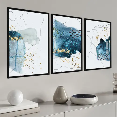 kit 3 quadro decorativo abstrato azul dourado gold luxo decor sal