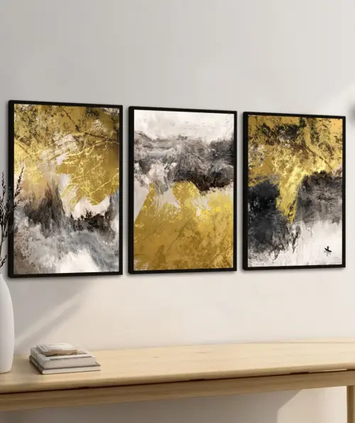 kit 3 quadro decorativo abstrato dourado listras gold ouro minimalista sala decor casa luxo com molduras