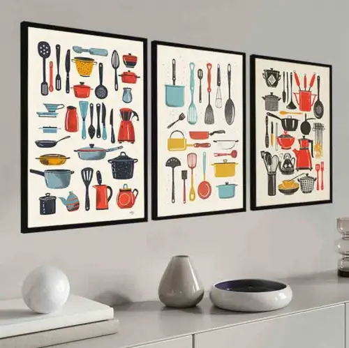 kit 3 quadro decorativo para cozinha talheres temperos de comida chefe de cozinha alimentos com molduras