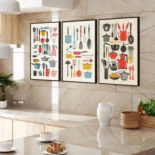 kit 3 quadro decorativo para cozinha talheres temperos de comida 