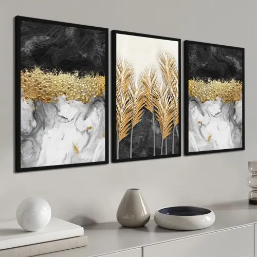 kit 3 quadro decorativo abstrato dourado listras gold ouro minimalista sala decor casa luxo com molduras