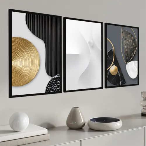 kit 3 quadro decorativo abstrato dourado cinza listras gold ouro minimalista sala decor casa luxo com molduras