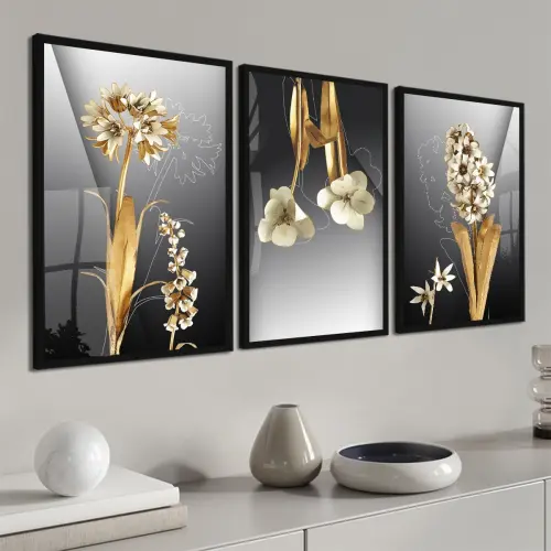 kit 3 quadro decorativo flores douradas cinza listras gold ouro minimalista sala decor casa luxo com molduras