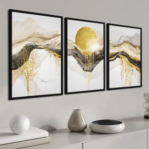 kit 3 quadro decorativo abstrato dourado listras gold ouro minimalista sala decor casa luxo com molduras