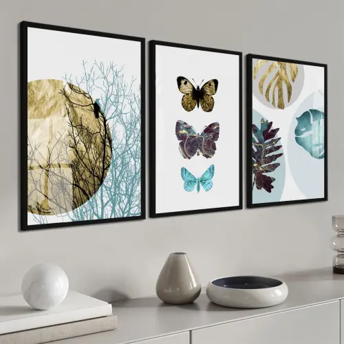 kit 3 quadro decorativo abstrato azul dourado gold borboletas luxo decor sala escritório com molduras