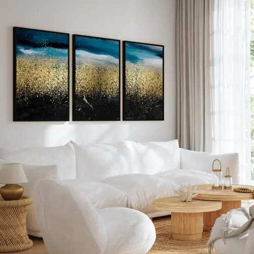 kit 3 quadro decorativo abstrato azul dourado minimalista luxo sala decor casa com molduras