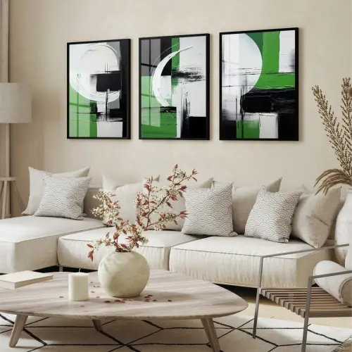 kit 3 quadro decorativo abstrato verde dourado gold sala quarto decor pousada casa com molduras