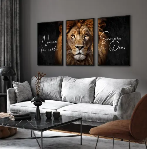 kit 3 quadro decorativo leão marrom deus leão de juda frase nunca foi sorte sempre foi deus cristão com molduras
