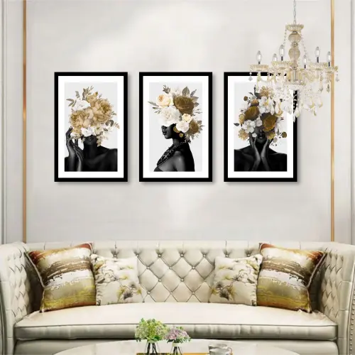 kit 3 quadro decorativo mulheres floridas flores fashion decor sa
