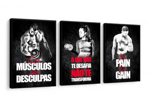 kit 3 quadro decorativo academia exercicio físico treino homens 