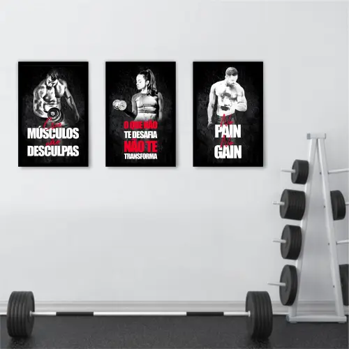 kit 3 quadro decorativo academia exercicio físico treino homens decor salão de beleza com molduras