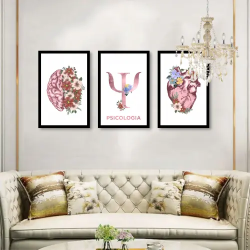 kit 3 quadro decorativo cunsultório de psicologia mente humana psicólogo decor quarto sala com molduras