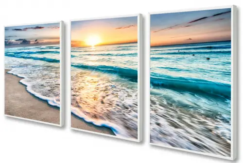 kit 3 quadro decorativo praia por do sol paisagem praiana decor pousada casa hotel sala quarto com molduras