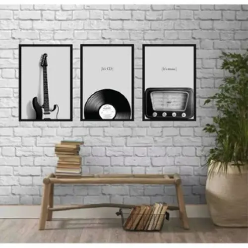 Kit 3 Quadros Decorativos Vintage Rádio Disco Guitarra instrumentos musicais música com Molduras
