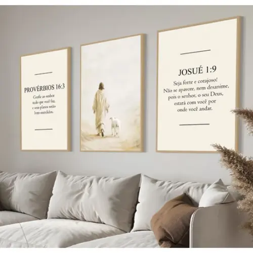 kit 3 quadro decorativo deus josué provérbios frase positiva fé decor religioso casa sala quarto  molduras