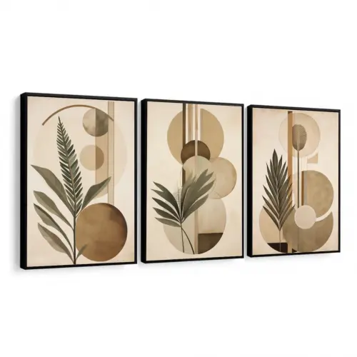 kit 3 quadro decorativo boho abstrato bege claro gold folhas claro minimalista  sala decor hall da casa com molduras