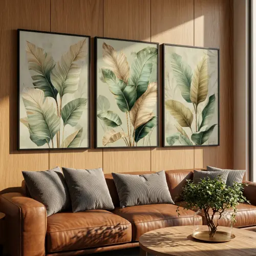 kit 3 quadro decorativo bananeira folhas verdes galhos de bananeira sala quarto decor casa minimalista moldura