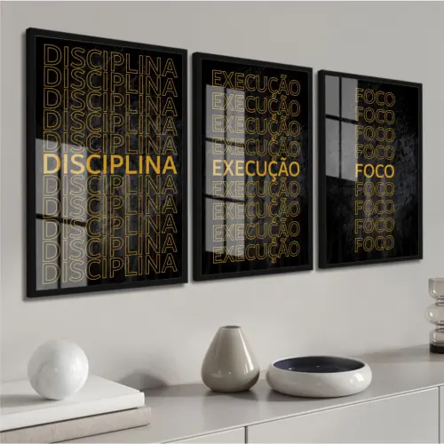 kit 3 quadros motivacionais para o trabalho escritório disciplina foco execução motivação com molduras