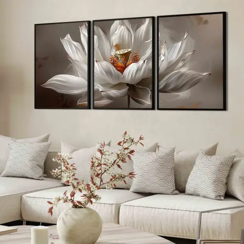 kit 3 quadro decorativo flores de lótus brancas decor casa quarto sala modernidade com molduras