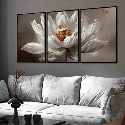 kit 3 quadro decorativo flores de lótus brancas decor casa quart