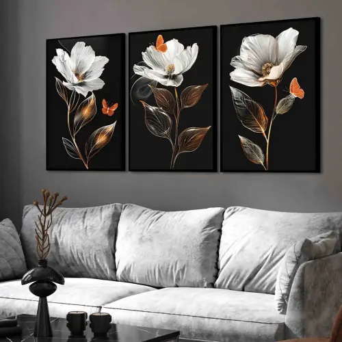 Kit 3 Quadro Decorativo Flores rosas Brancas Decor Casa luxo