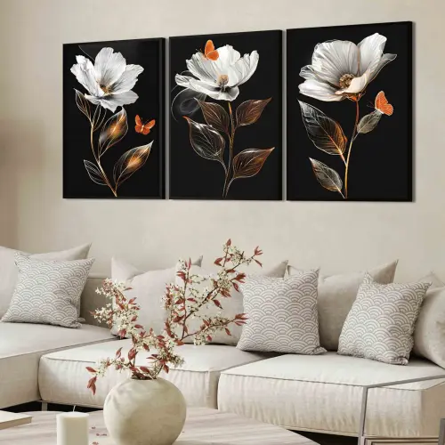 Kit 3 Quadro Decorativo Flores rosas Brancas Decor Casa luxo