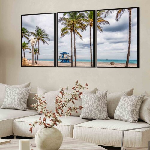 kit 3 quadro decorativo praia coqueiros quarto sala hall de entra