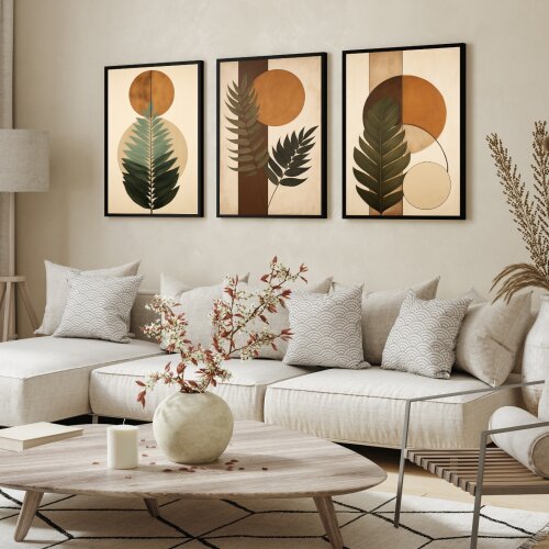 kit 3 quadro decorativo boho tons terrosos geométrico arte abstrata folhagem minimalista decoração para sala quarto casa com molduras