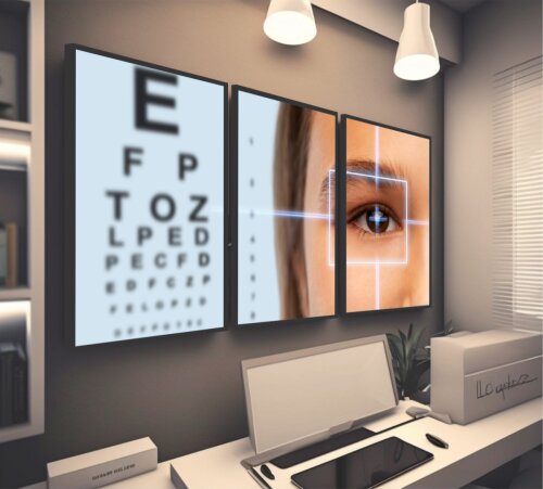 kit 3 quadro decorativo oftalmologia visão decor consultório oftalmológico olhos oculista Tabela de Snellen com molduras