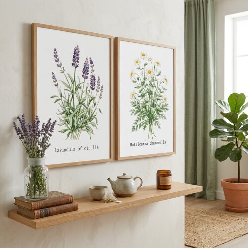 Kit 2 quadro decorativo flores de lavanda arranjos de camomila galhos verdes folhagem campo sítio fazenda com molduras