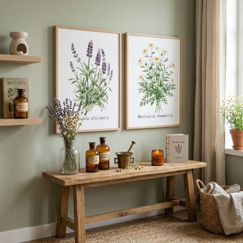 Kit 2 quadro decorativo flores de lavanda arranjos de camomila ga